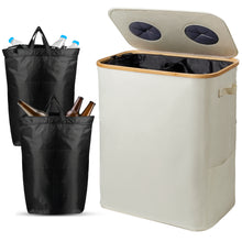 Lade das Bild in den Galerie-Viewer, 140L Pfandflaschen Sammelbehälter mit Deckel & XXL Tragetaschen, Flaschensammler für Leergut & Altglas, 2 Fächer Organizer mit Lochdesign, Recycling Behälter für Küche & Abstellraum