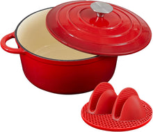 Lade das Bild in den Galerie-Viewer, Topf Schmortopf 26cm Emaille Bräter mit Deckel Topflappen, Kasserollen Bratentopf brot backen für Backen Schmoren Braten Incl.1 Paar Silikon Ofenhandschuhe&Topfuntersetzer (Rot,5L)