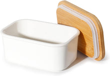 Lade das Bild in den Galerie-Viewer, Butterdose Keramik mit Holzdeckel , 250g Butter Aufbewahrung , Butterbox Porzellan vintage (Weiß)