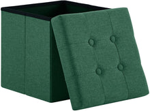 Lade das Bild in den Galerie-Viewer, Fußhocker, Fußbank Truhen Aufbewahrungsbox faltbar belastbar bis 300 kg, Leinen, 38 x 38 x 38 cm(Dunkelgrün)