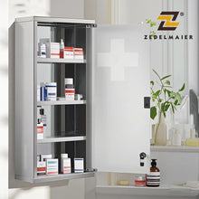 Lade das Bild in den Galerie-Viewer, Medizinschrank Abschließbar Hängend, Erste Hilfe Schrank, Arzneischrank aus Edelstahl, Wand-Medizinbox XXL 57 x 27 x 12 cm (Silber - 4 Schichten)
