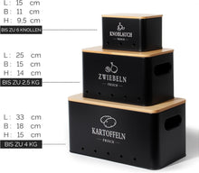 Lade das Bild in den Galerie-Viewer, Kartoffel Aufbewahrungsbox 3er Set, 360° Luftzirkulation für längere Frische, Für Zwiebeln, Kartoffeln, Knoblauch Schwarz
