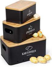 Lade das Bild in den Galerie-Viewer, Kartoffel Aufbewahrungsbox 3er Set, 360° Luftzirkulation für längere Frische, Für Zwiebeln, Kartoffeln, Knoblauch Schwarz
