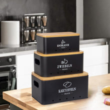 Lade das Bild in den Galerie-Viewer, Kartoffel Aufbewahrungsbox 3er Set, 360° Luftzirkulation für längere Frische, Für Zwiebeln, Kartoffeln, Knoblauch Schwarz
