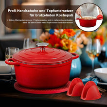 Lade das Bild in den Galerie-Viewer, Topf Schmortopf 26cm Emaille Bräter mit Deckel Topflappen, Kasserollen Bratentopf brot backen für Backen Schmoren Braten Incl.1 Paar Silikon Ofenhandschuhe&amp;Topfuntersetzer (Rot,5L)
