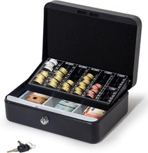 Lade das Bild in den Galerie-Viewer, Geldkassette mit münzzählbrett, 25 * 18 * 8.5 CM, Kasse Abschließbar, Cash Box Groß, Spardose, Geld organizer (Schwarz-25cm)
