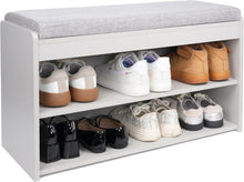 Lade das Bild in den Galerie-Viewer, Schuhbank mit Sitzfläche &amp; Polster, Sitzbank mit Stauraum, Schuhregal mit Sitzfläche, Schuhregal mit 2 Ebenen Grau für Flur, Eingang 76 x 30 x 45 cm
