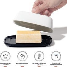 Lade das Bild in den Galerie-Viewer, Butterdose - Hochwertige Butterglocke aus Keramik - Butter Dish für alle gängigen Butter (250g) - Butterschale Porzellan (Schwarz-Weiß)
